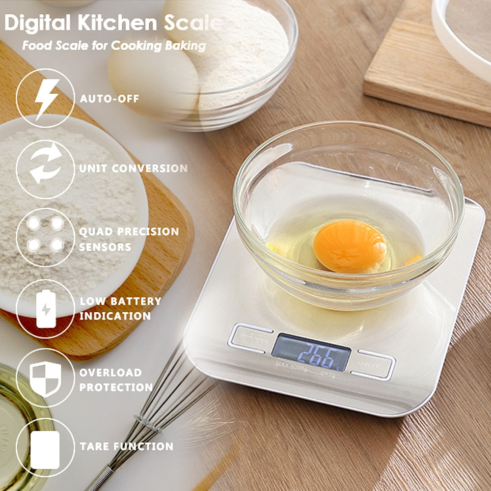 Kitchen Scale Digital Multi-function Stainless Steel Weighing Scale with LCD Display 5KG Electronic Scales Measuring