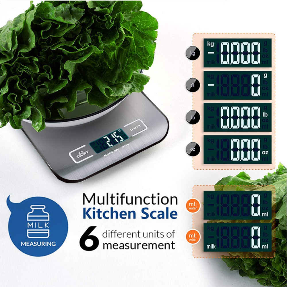 Kitchen Scale Digital Multi-function Stainless Steel Weighing Scale with LCD Display 5KG Electronic Scales Measuring